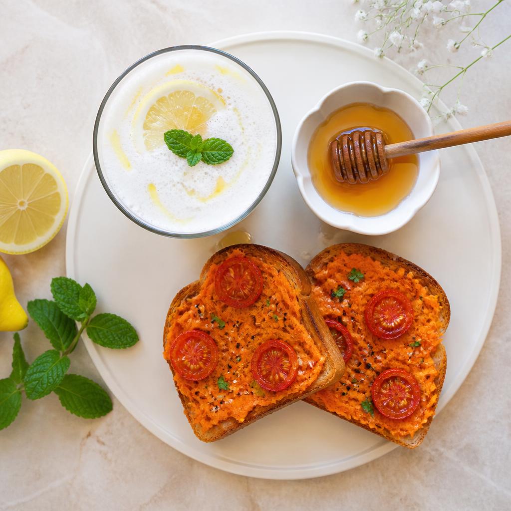 Savory Honey Lemon Sparkling Milk Drink with Tomato-Carrot Toast