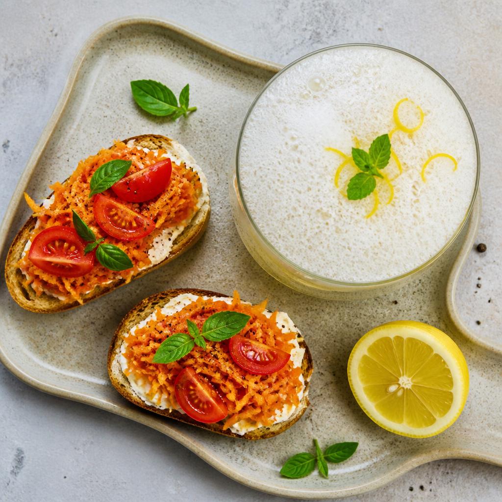 Creamy Lemon-Honey Milk Fizz with Savory Carrot-Tomato Bruschetta